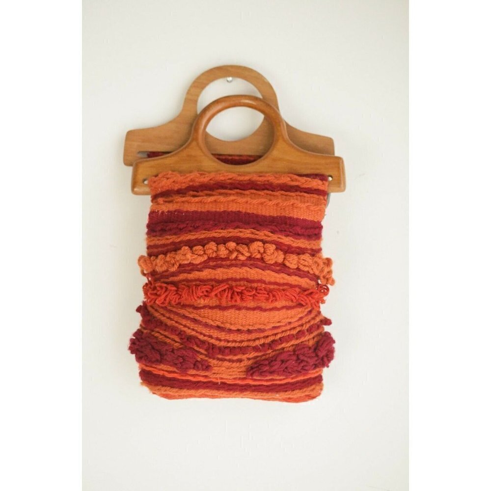 Vintage 70s Textured Knit Macrame Colourful Wood Handle Tote